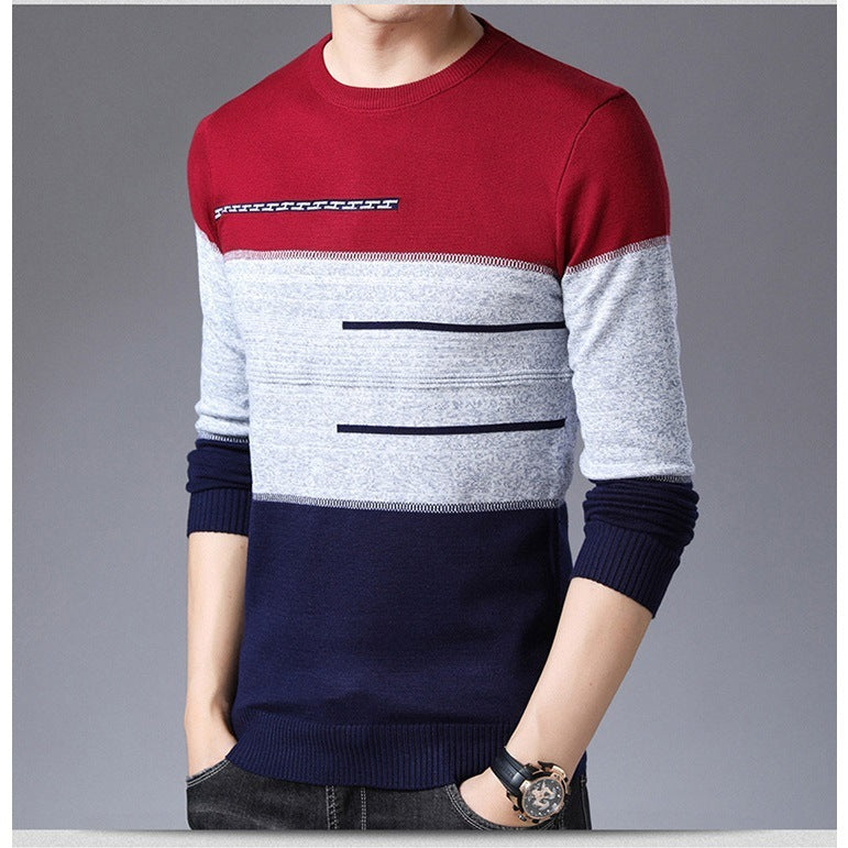 Winter Pullover Men Round Collar Striped Cotton Sweaters Slim Fit Pull Homme Knitwear