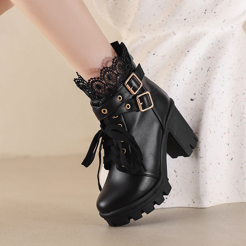 Women's Platform Retro Lace Up Belt Buckle Boots