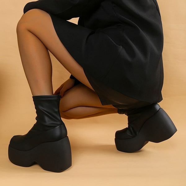 Leather Elastic Wedge Platform Bootie